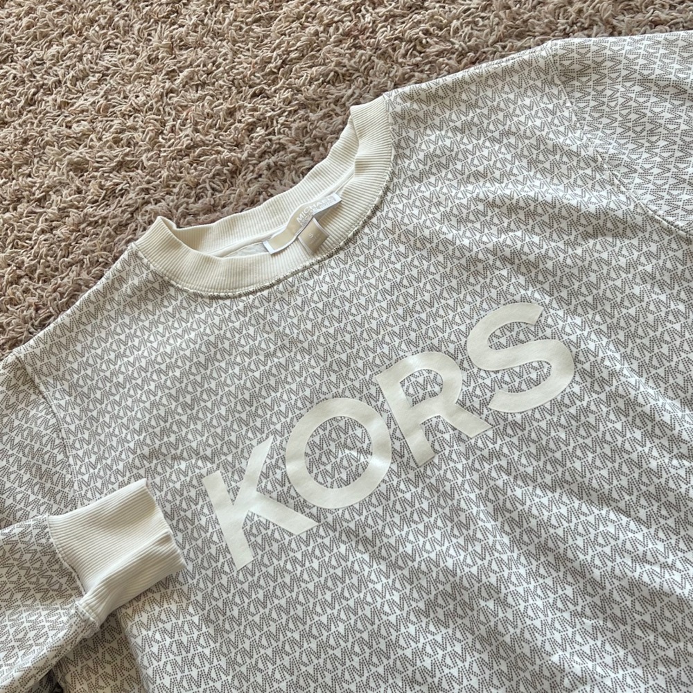 Michael Michael Kors Monogram Logo Crewneck Sweatshirt Cream Tan Small